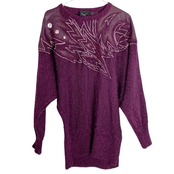 Vintage 80s 90s Retro Momcore Sweater Womens Medium Purple Leatger Embroidered - Picture 1 of 10